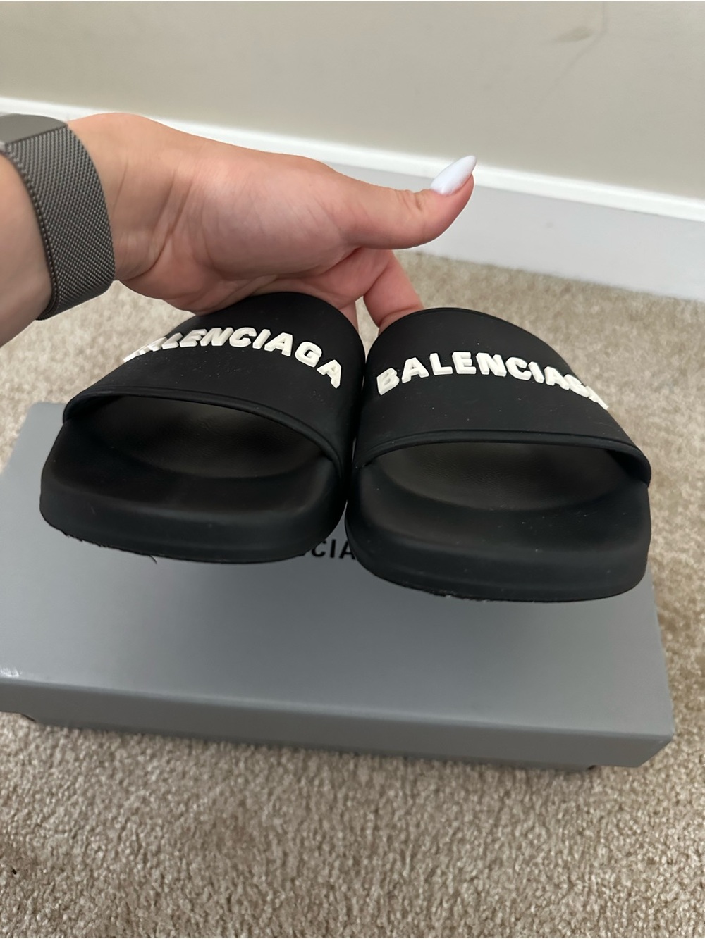 Balenciaga Authentic Black Slide Sandals with White Logo - Picture 7 of 9